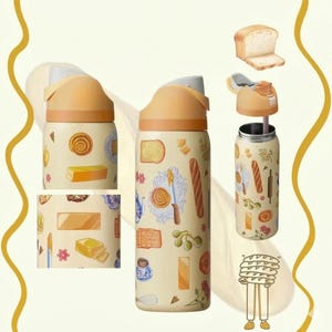 Bakery Aesthetic 30oz Water Bottle, Cute Pastry and Bread Tumbler, Insulated Stainless Steel Mug, Vintage Kitchen Art Bottle, Chef Gift Idea