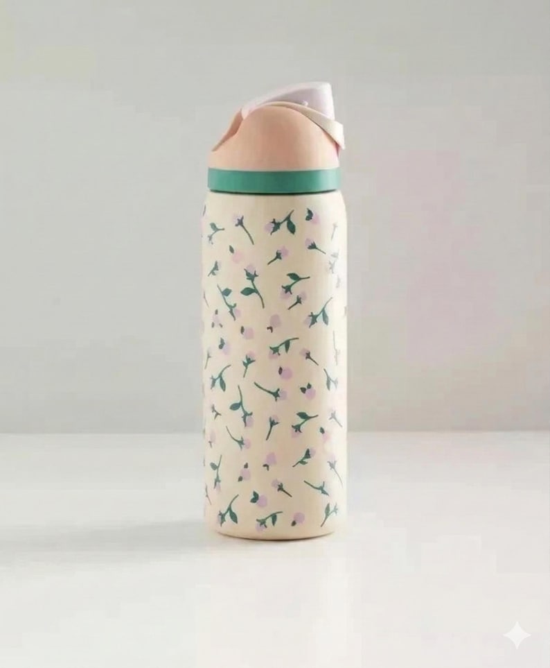 May include: A floral-patterned water bottle with a light beige background and pink and green accents. The bottle features a repeating pattern of small pink flowers and green leaves. The lid is pink and white, with a green band at the base.