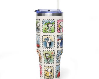 Vaso de 1,2 litros con asa y diseño retro de sello postal de Peanuts, vaso con asa con diseño de un simpático Beagle Scout, taza de viaje vintage de Snoopy Aviador.