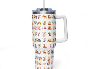 Vaso térmico de 1,2 litros (40 oz) de Winnie the Pooh y sus amigos con asa, diseño de Tigger, Eeyore y Piglet, vaso de acero inoxidable con aislamiento térmico de 1,2 litros (40 oz).
