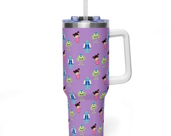 Monsters University Purple 40oz Tumbler with Handle, Cute Varsity Sulley Mike Boo Quencher, Pastel Chibi Pixar Travel Mug