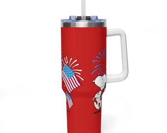 Patriotic Snoopy 40oz Tumbler with Handle, 4th of July Peanuts Quencher, Red American Flag Snoopy Travel Mug, 40oz Insulated Steel Cup