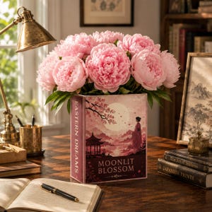 Könnte beinhalten: Ein Arrangement aus rosa Pfingstrosen in einer dekorativen Vase. Die Vase ist wie ein Buch gestaltet und trägt die Aufschriften "Eastern Dreams" und "Moonlit Blossom". Die Szene spielt auf einem Holztisch mit Lampe und Büchern.