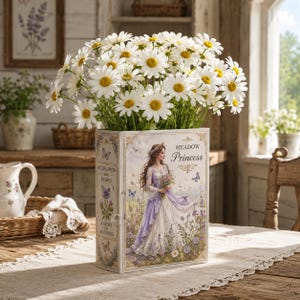 Puede incluir: Un florero rectangular con forma de libro que presenta una ilustración de una mujer con un vestido largo morado y blanco sosteniendo flores, con el texto Meadow Princess, Wildflowers and Wishes y A Story of Kindness, lleno de margaritas blancas.