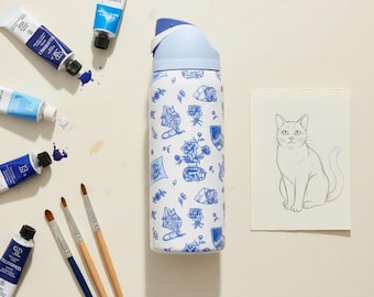 Cat Water Bottle, 32oz Chinoiserie Tumbler, Cat Lover Gift, Toile de Jouy Style Bottle, Artist Gift, Reusable Bottle with Straw