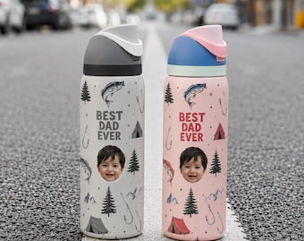 Personalized Best Dad Ever Camping Tumbler, Custom Face Fishing 32oz Water Bottle, Fisherman Gift for Dad Husband Grandpa