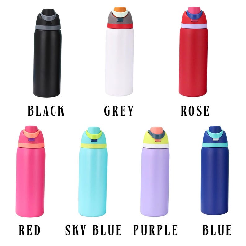 May include: Collection of insulated water bottles in various colors: black, grey, rose, red, sky blue, purple, and blue. Each bottle has a matching colored body with a contrasting colored lid. The word for each color is printed below each bottle.