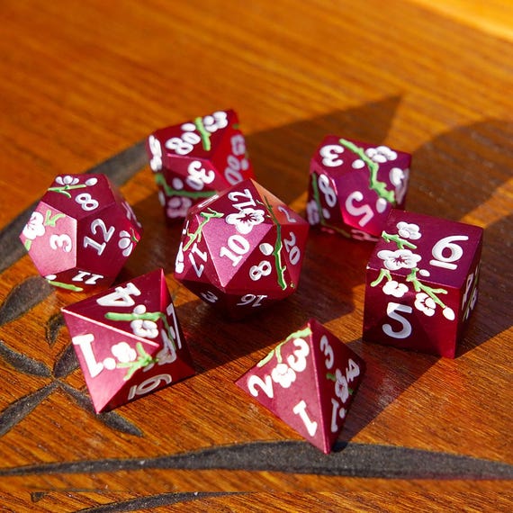 Black/Red Cherry Blossom Metal Dice Set: Flower Polyhedral Role Playing Game Dice