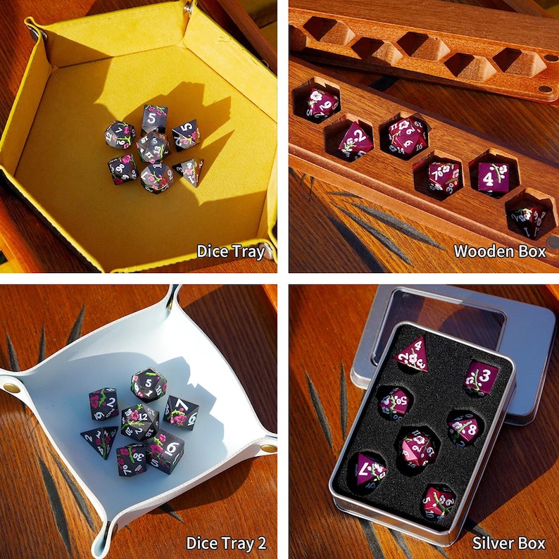 May include: A collection of dice sets in various containers. The dice are black with white numbers and floral designs. Containers include a yellow dice tray, a wooden box, a white dice tray, and a silver box. The text "Dice Tray", "Wooden Box", "Dice Tray 2", and "Silver Box" are visible.