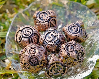 Steampunk Metal Dice Set | Sharp Edged, Bronze Gear Design