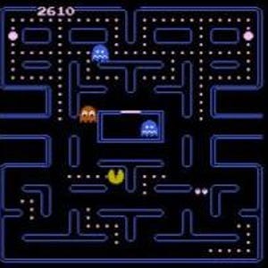May include: A screenshot of the classic arcade game Pac-Man. The game features a maze with a yellow Pac-Man character, blue and brown ghosts, and white dots. The score is displayed at the top.