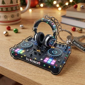 Personalized DJ Controller Headphone Keychain Custom Name Robert, Electronic Music Mixer Keyring, Disc Jockey Holiday Christmas Gift