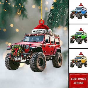 May include: A red Jeep Christmas ornament with a Santa hat and the text "YOUR NAME". The Jeep has a wreath, lights, and the number "7777" on the front. Additional images show blue, green, and yellow Jeep ornaments.