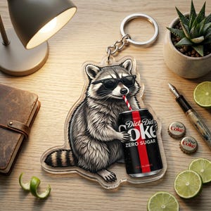 May include: A clear acrylic keychain featuring a detailed illustration of a gray and white raccoon wearing black sunglasses. The raccoon is holding a black soda can labeled Diet Coke Zero Sugar with a red and white striped straw in its mouth.