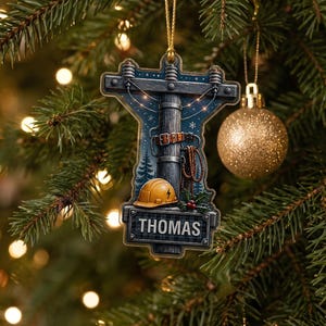 May include: A flat, die-cut Christmas tree ornament shaped like a utility pole. The design features a yellow hard hat, a climbing belt, and a sign with the name THOMAS in white letters against a dark blue, snowy, and pine tree background.