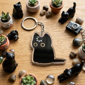 May include: A black cat-shaped keychain with a silver keyring, surrounded by small black cat figurines, miniature potted succulents, and decorative stones on a wooden surface. The cat keychain has white accents and gold eyes.