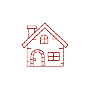 May include: A red embroidered outline of a house featuring a gabled roof, a chimney on the left side, an arched doorway, a small window in the attic, and a rectangular window on the lower right side, all rendered in a stitched thread texture.