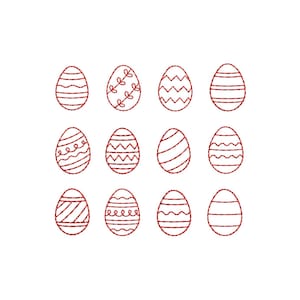 May include: A collection of twelve red embroidered Easter eggs with various decorative patterns. Designs include stripes, zigzags, swirls, and leaf motifs. The eggs are arranged in three rows of four against a white background.