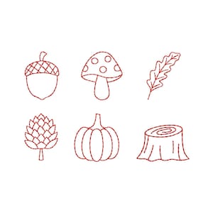 May include: A set of six red embroidered line art icons arranged in two rows. The top row features an acorn, a spotted mushroom, and an oak leaf. The bottom row displays a pinecone, a pumpkin, and a tree stump with visible wood grain rings.