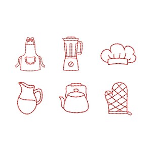 May include: A collection of red line art illustrations of kitchen items. The image includes an apron, blender, chef's hat, pitcher, teapot, and oven mitt. These illustrations are perfect for kitchen-themed designs.