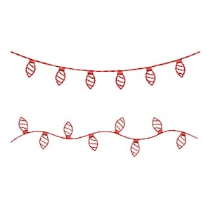 May include: Two strings of red Christmas lights, each with eight red and white striped bulbs. The lights are arranged on a white background. The top string is slightly curved, and the bottom string is wavy.