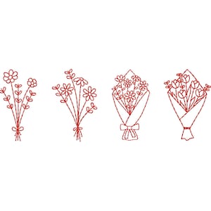 May include: Four red embroidered floral bouquets on a white background. The bouquets vary in style, including loose sprigs and wrapped arrangements. Each bouquet is tied with a red ribbon or wrapping.
