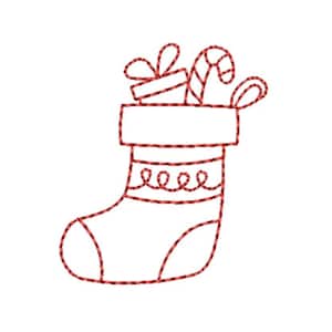 May include: A festive Christmas stocking illustration in red and white. The stocking is filled with a wrapped gift and a candy cane. The design is outlined with a dotted pattern, perfect for holiday-themed crafts and decorations.