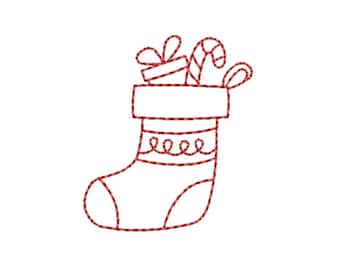 Christmas Stocking Redwork Embroidery Design | Outline Holiday Machine Embroidery File DST PES JEF VP3