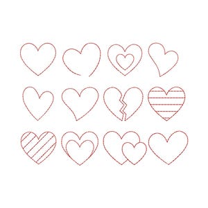 May include: Twelve red heart outlines in different styles. Some are solid, others have internal lines or nested hearts. One heart is broken, and another has a unique curved shape. All are set against a white background.