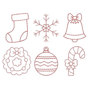Pode incluir: Seis desenhos natalinos em marrom avermelhado. Incluem uma meia, floco de neve, sino, guirlanda, enfeite e bengala doce, todos com detalhes de costura, ideais para artesanato festivo.