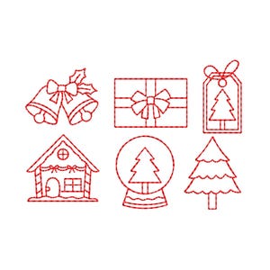 May include: A set of six red embroidered line art icons featuring a pair of bells with holly, a rectangular gift box with a bow, a gift tag with a tree, a house, a snow globe with a tree, and a standalone pine tree on a white background.
