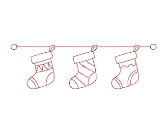 Redwork Christmas Socks Embroidery Design | Holiday Outline Stitch | Machine Embroidery File