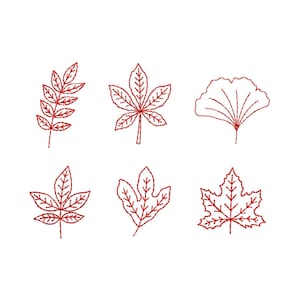 May include: A collection of six distinct red embroidered leaf designs arranged in two rows. Each leaf features a detailed stitched outline and internal vein patterns, showcasing various botanical shapes including pinnate, palmate, and lobed forms.
