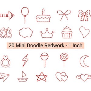 Könnte beinhalten: Eine Sammlung von 20 Mini-Redwork-Doodle-Designs, jeweils etwa 2,5 cm groß. Die Designs umfassen einen Pfeil, Ballon, Kuchen, Schleife, Schmetterling, Wolke, Krone, Cupcake, Herz, Ring, Blitz, Lutscher, Spirale, Mond, Papierflieger, Segelboot, Stern.