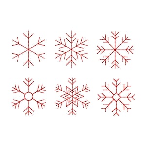 May include: A collection of six distinct red snowflake designs arranged in two rows of three. Each snowflake features a unique geometric pattern composed of thin, straight lines, showcasing varied branch structures and central shapes like circles and diamonds.