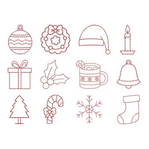 Könnte beinhalten: Eine Sammlung rot gestickter Weihnachtssymbole auf weißem Hintergrund. Das Set beinhaltet eine Weihnachtskugel, einen Kranz, eine Weihnachtsmütze, eine Kerze, ein Geschenk, Stechpalmen, eine Tasse, eine Glocke, einen Weihnachtsbaum, eine Zuckerstange, einen Schneeflocke und einen Strumpf.