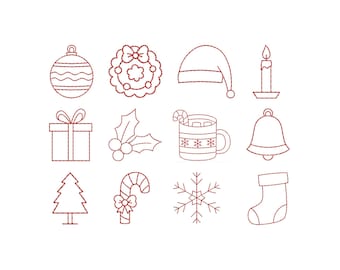 Mini Christmas Outline Embroidery Design Bundle | 12 Digital Redwork | 2 Inch | 4x4 Hoop