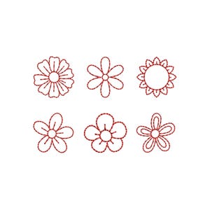 Flower Outline Redwork Embroidery Bundle | 6 Floral Designs | 2 & 3 Inch | Digital Machine Embroidery File