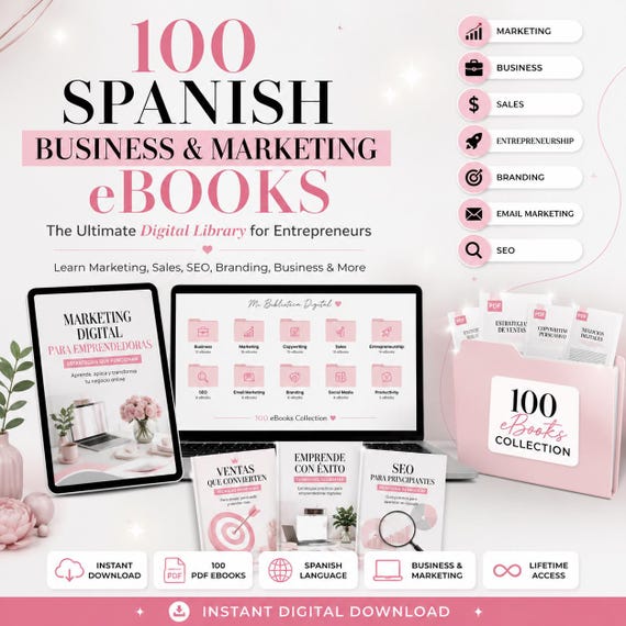 100 Spanish Business & Marketing eBooks Bundle | Entrepreneurship Library | PDF Digital Download | Sales, SEO and Branding Guides