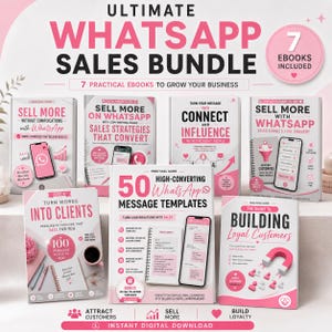 Puede incluir: Un paquete de productos digitales titulado Ultimate WhatsApp Sales Bundle que incluye siete libros electrónicos con portadas rosas y blancas. La colección contiene guías sobre estrategias de ventas y plantillas de mensajes.