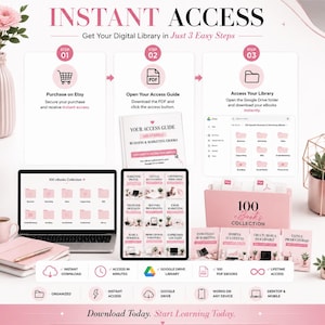 Op de afbeelding: Een digitale productinfographic getiteld INSTANT ACCESS die een proces in drie stappen beschrijft om een collectie van 100 business- en marketing-e-books te downloaden. De afbeelding toont een laptop, een tablet en een roze map.