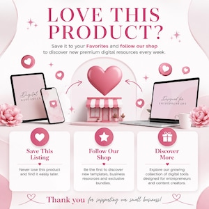 Op de afbeelding: Een digitale marketingafbeelding in roze en witte tinten met een tablet, smartphone en laptop. De tekst bevat LOVE THIS PRODUCT?, Digital Resources, Designed for Entrepreneurs, Save This Listing, Follow Our Shop en Discover More.