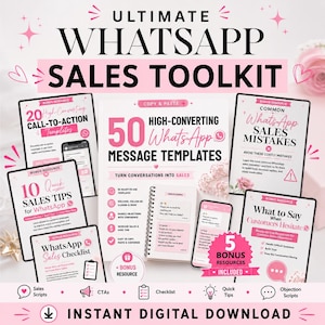 Puede incluir: Un kit de herramientas de marketing digital titulado Ultimate WhatsApp Sales Toolkit que incluye 50 plantillas de mensajes, 20 plantillas de llamadas a la acción, 10 consejos de venta, una lista de verificación y errores de venta en rosa y blanco.