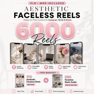 Puede incluir: Un anuncio de producto digital para 6000 reels estéticos sin rostro con superposiciones de texto, cinco maquetas de teléfonos inteligentes con imágenes de estilo de vida e iconos para descarga, licencias PLR y MRR y guías adicionales.