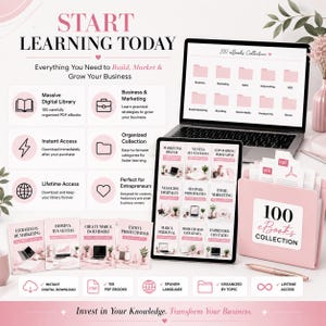 Op de afbeelding: Een digitale productcollectie met een laptop en tablet die 100 eBooks weergeven, een roze map met het label 100 eBooks Collection, en vier gedrukte boeken getiteld Estrategias de Marketing, Domina tus Ventas, Crea tu Marca Inolvidable en &Eacute;xito y Productividad.