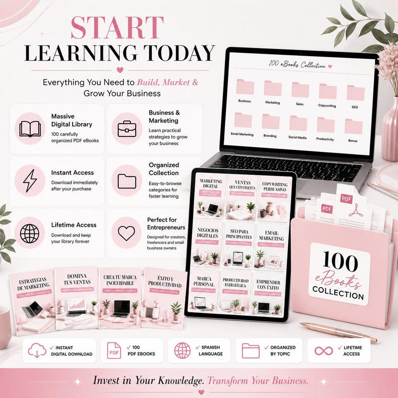 Op de afbeelding: Een digitale productcollectie met een laptop en tablet die 100 eBooks weergeven, een roze map met het label 100 eBooks Collection, en vier gedrukte boeken getiteld Estrategias de Marketing, Domina tus Ventas, Crea tu Marca Inolvidable en &Eacute;xito y Productividad.
