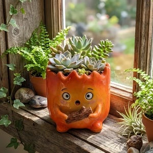 Calcifer Planter, Handmade Ceramic Fire Demon Succulent Pot
