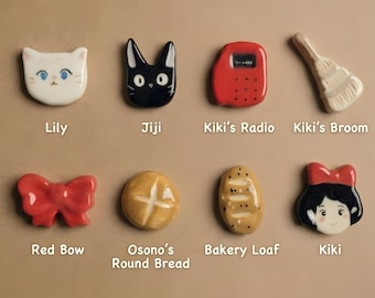 Kawaii Flying Witch Ceramic Magnet Set | Magical Black Kitty & Bread Shop Refrigerator Decor