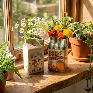 Retro Milk Carton Vase | Hand-Painted Ceramic Desk Organizer