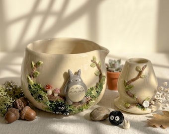 Handgeformte Keramik Forest Spirit Bowl & Bud Vase Set | Kawaii Waldland Keramik, Cottagecore Decor